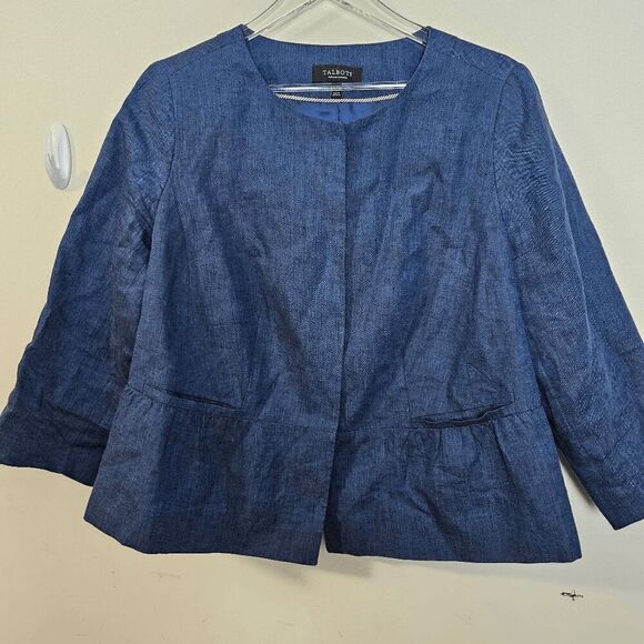 Talbots 100% Linen Peplum Blazer Suit Jacket Women's Blue Size 14W Petite - Picture 1 of 4